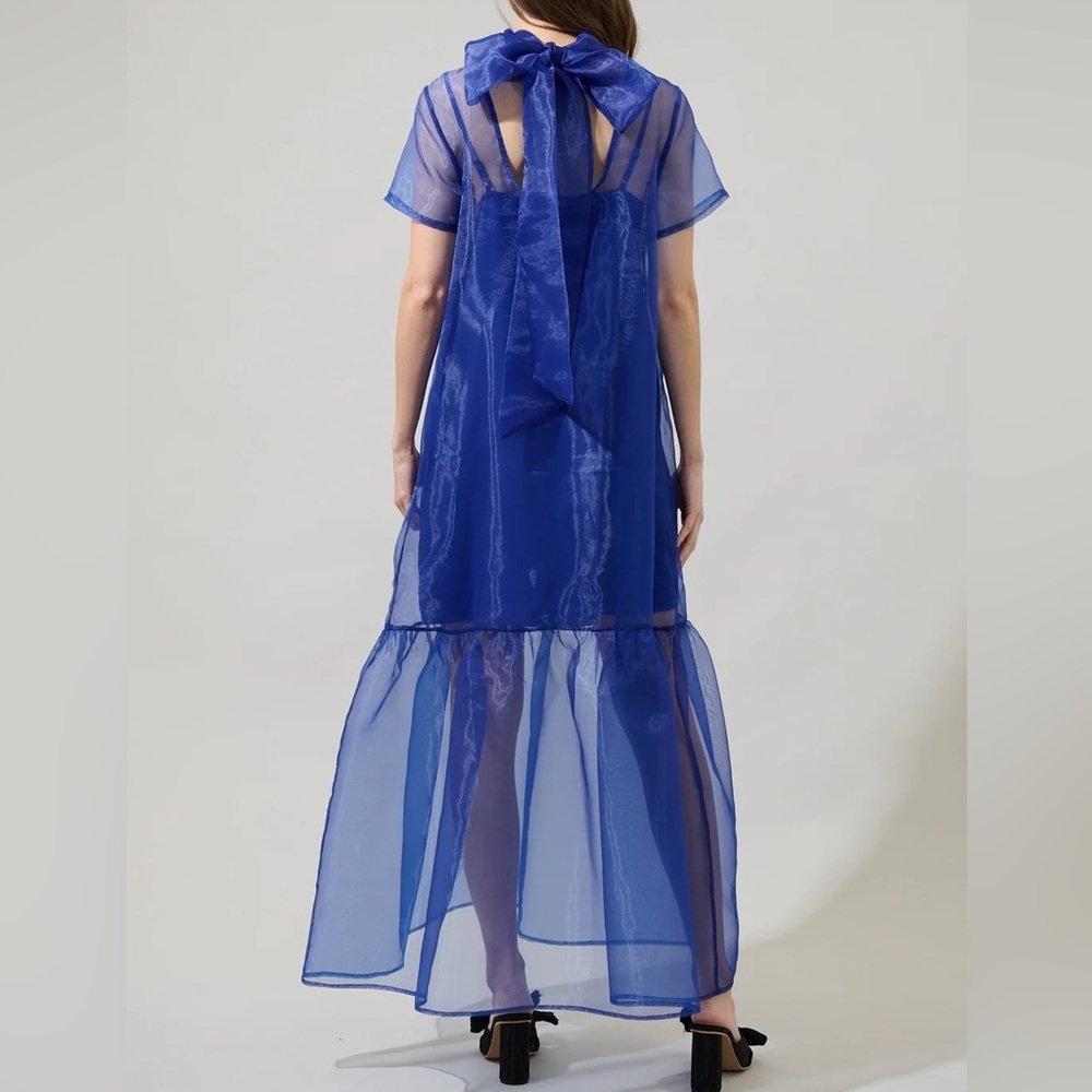 Blue Organza Tie-Neck Dress with Minidress Lining